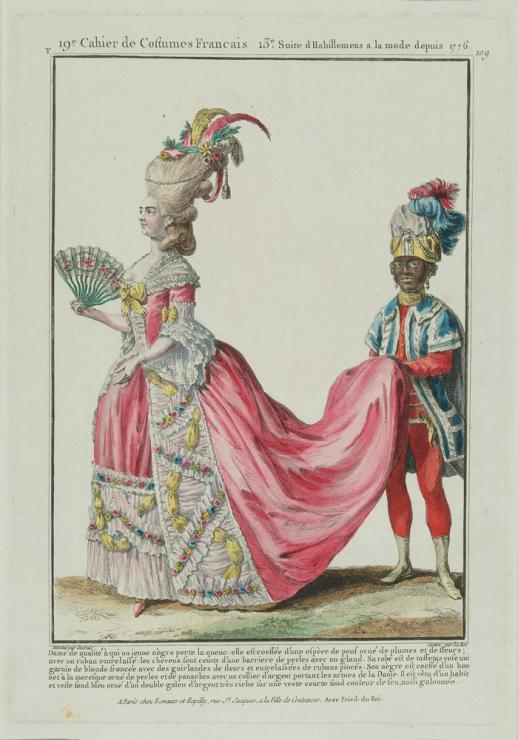 Dama w różowej sukni dworskiej, z Murzynkiem trzymającym tren, Claude-Louis Desrais (rysownik), Jacques Le Roy (grafik), fot. archiwum MNW